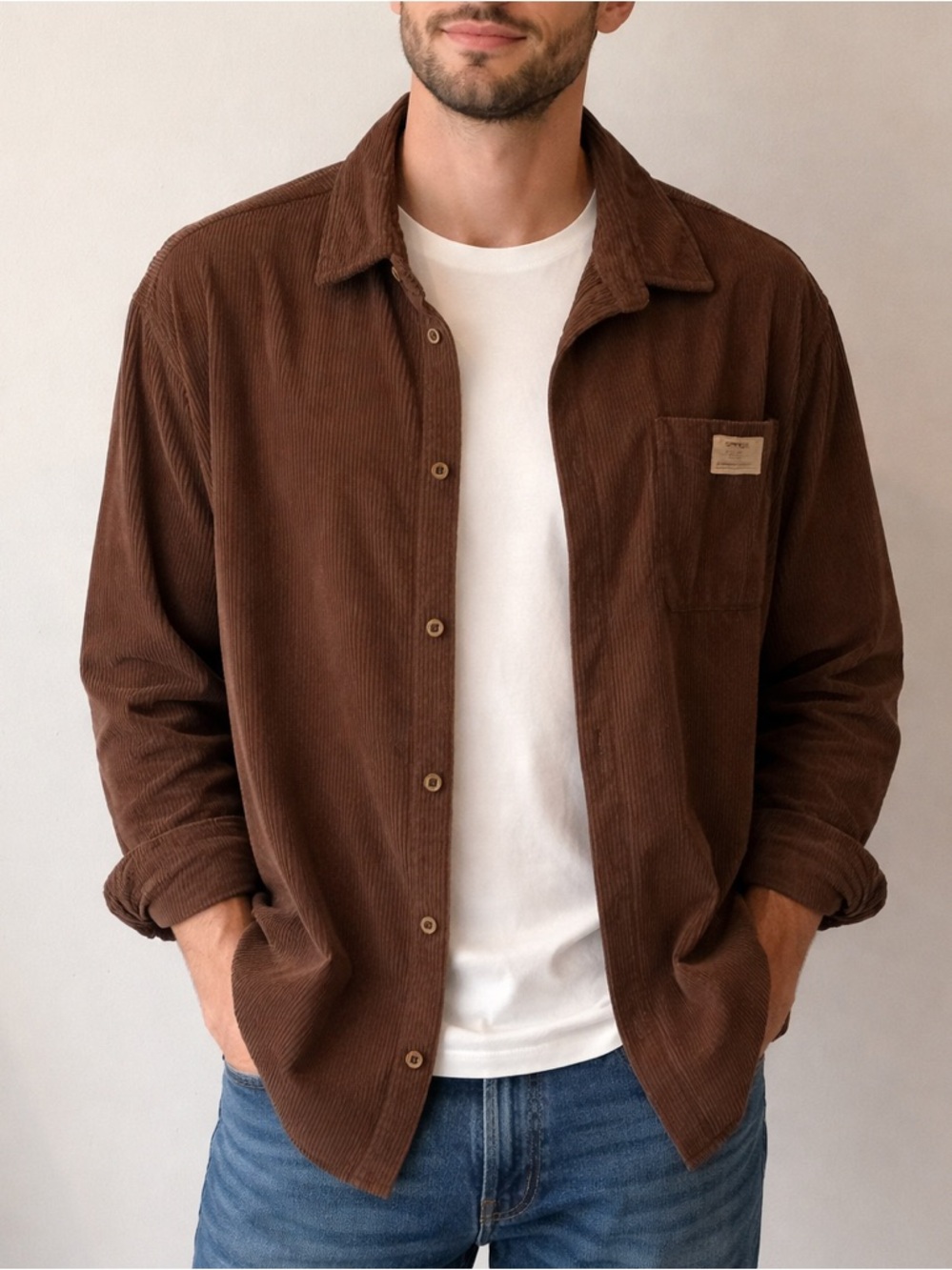 SHEIN Brown Corduroy Button-Front Shirt Jacket